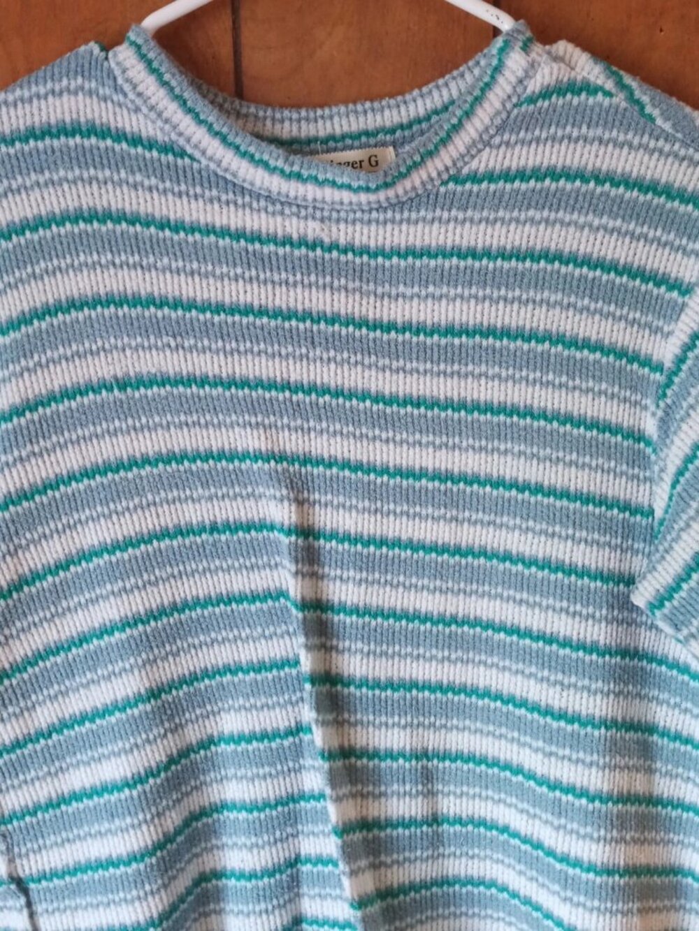 Ginger G Striped Knit Top Women's Medium Blue White Rayon Blend Stretch